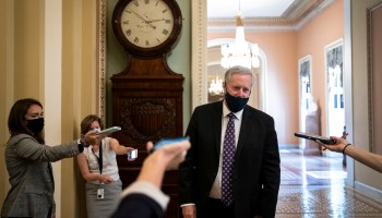 White House Chief of Staff Mark Meadows talks to reporters after meeting with Senate Majority Leader Mitch McConnell at the U.S. Capitol on July 30, 2020 in Washington, DC.
