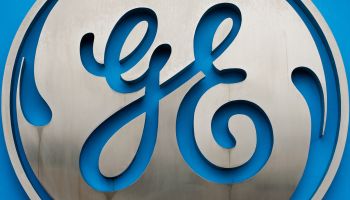 The logo at the entrance of GE's aviation engine overhaul facility in Brazil in 2016.
