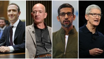 This composite photo shows, from left to right, Facebook CEO Mark Zuckerberg, Amazon CEO Jeff Bezos, Alphabet CEO Sundar Pichai and Apple CEO Tim Cook.
