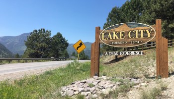 A welcome sign to visitors on the outskirts of Lake City, Colorado.