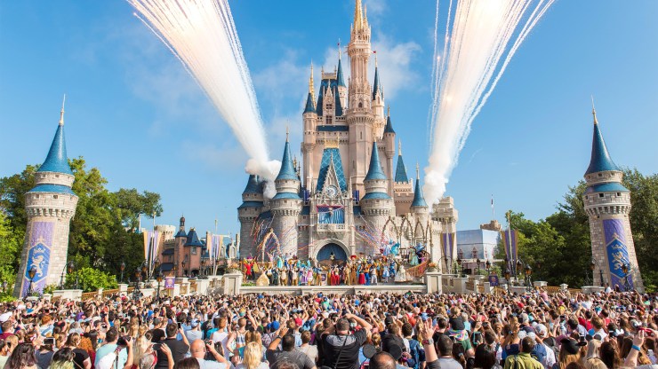 A large crowd gathered in front of Cinderella's Castle at the Walt Disney World Resort in 2016.