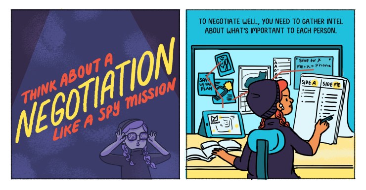 A two-panel comic, the first panel says "Think about negotiation like a spy mission." The second shows a girl doing research, reading "to negotiate well, you need to gather intel about what's important to each person."