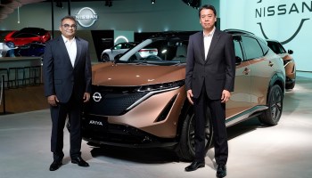 Nissan COO Ashwani Gupta, left, and CEO Makoto Uchida at the digital world premiere of the company's new e-SUV, the Ariya.