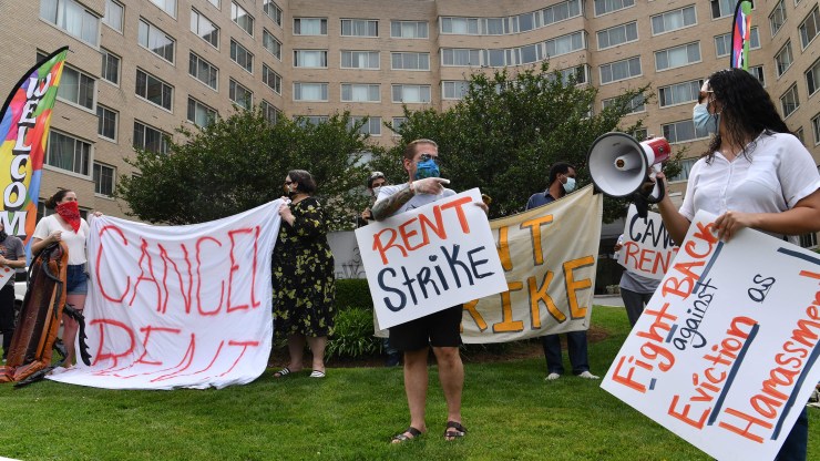 Residents protest rent and evictions during the pandemic in Washington, D.C., in May.
