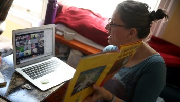 Leanne Francis, first-grade teacher at Harvey Milk Civil Rights Academy, conducts an online class from her living room on March 20, 2020 in San Francisco, California.