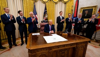 U.S. President Donald Trump leads a meeting with leaders of Israel and UAE announcing a peace agreement to establish diplomatic ties with Israel and the UAE, in the Oval Office of the White House on August 13, 2020 in Washington, D.C.