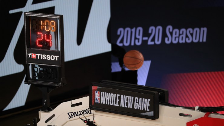 A detailed view of the shot clock is seen behind the backboard prior to the game between the LA Clippers and the Los Angeles Lakers at The Arena at ESPN Wide World Of Sports Complex on July 30, 2020 in Lake Buena Vista, Florida.
