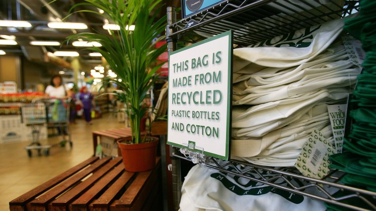 Reusable grocery bags made from recycled plastic bottles and cotton are sold at a Whole Foods Market natural and organic foods store on April 22, 2008 in Pasadena California.
