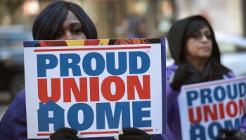 Members of the Service Employees International Union (SEIU) hold a rally in support of the American Federation of State County and Municipal Employees (AFSCME) union at the Richard J. Daley Center plaza on February 26, 2018 in Chicago, Illinois.