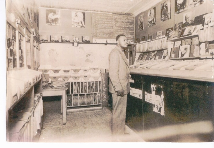 Joe Von Battle inside his record shop on Hastings Street in Detroit.