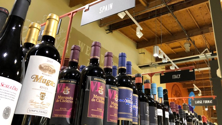 Wines imported from Spain and Italy for sale at a Whole Foods outlet in California.