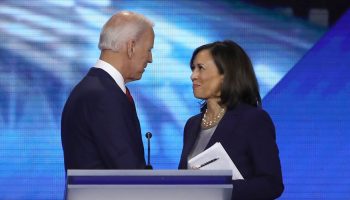 Former Vice President Joe Biden and Sen. Kamala Harris speak after a Democratic debate in 2019.
