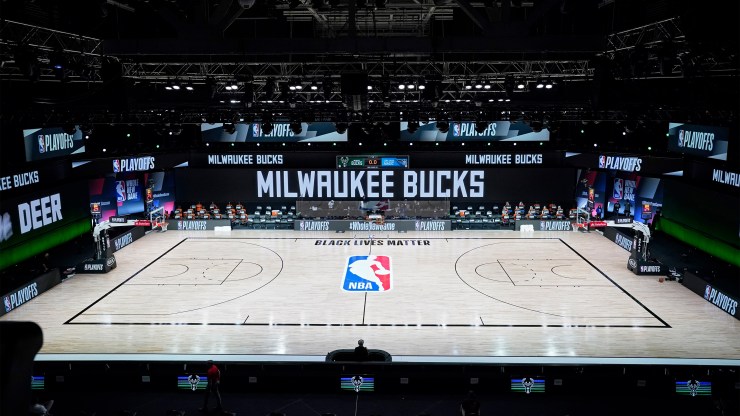 The court is empty after players strike game five between the Milwaukee Bucks and the Orlando Magic during the playoffs on Aug. 26.