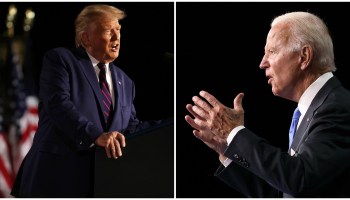 This composite image shows President Donald Trump, left, speaking during the last night of the Republican National Convention, and Joe Biden, speaking during the Democratic National Convention.