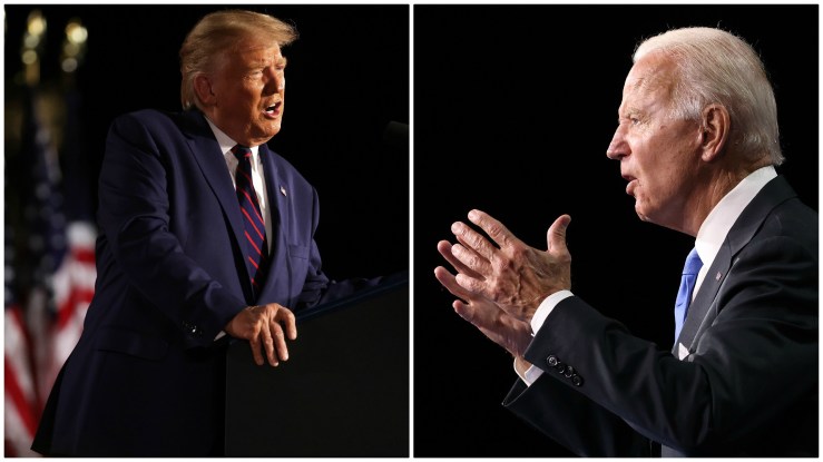 This composite image shows President Donald Trump, left, speaking during the last night of the Republican National Convention, and Joe Biden, speaking during the Democratic National Convention.