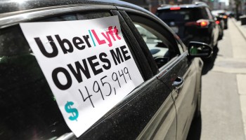 Uber and Lyft drivers with Rideshare Drivers United and the  Transport Workers Union of America conduct a cravan protest outside the California Labor Commissioner’s office in April.