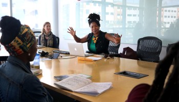 Florida International University anthropology professor Andrea Queeley, seen here teaching on the public university's campus in Miami earlier this year, has been fighting for years for the survival of the African and African Diaspora studies program.