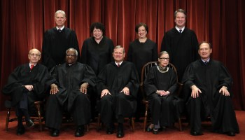 The United States Supreme Court (front row, left to right): Associate Justice Stephen Breyer, Associate Justice Clarence Thomas, Chief Justice John Roberts, the late Associate Justice Ruth Bader Ginsburg, Associate Justice Samuel Alito Jr., (back, left to right) Associate Justice Neil Gorsuch, Associate Justice Sonia Sotomayor, Associate Justice Elena Kagan and Associate Justice Brett Kavanaugh pose for their official portrait in the East Conference Room at the Supreme Court building November 30, 2018 in Washington, D.C.