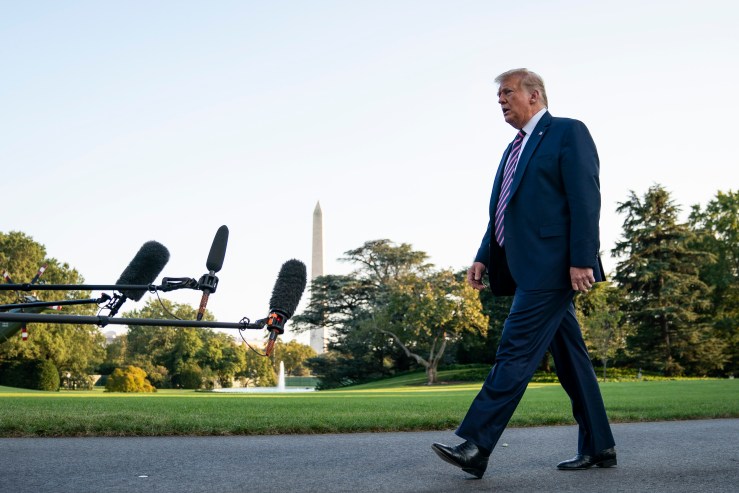 President Trump departs the White House for a campaign rally In Pennsylvania on Sept. 22.
