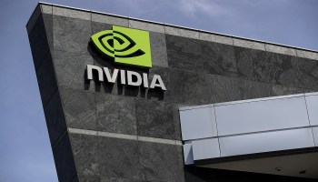 A sign is posted in front of the Nvidia headquarters on May 10, 2018 in Santa Clara, California.