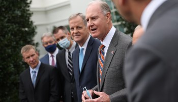 Southwest Airlines Chairman and CEO Gary Kelly, center, speaks with other airline executives after a meeting at the White House regarding an extension of federal aid on Sept. 17.