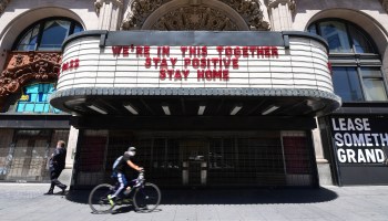 A shuttered theater in Los Angeles. People laid off early in the pandemic who are still out of work are approaching what the Labor Department defines as long-term unemployed.