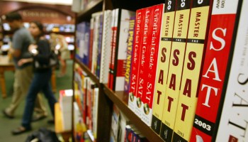 SAT test preparation books at a bookstore in New York.
