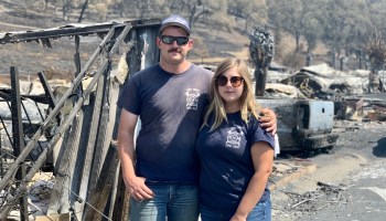 Brandon North and Becca Brown-Dehner grieve the loss of their two family homes at Spanish Flat Mobile Villa in Napa County, California.