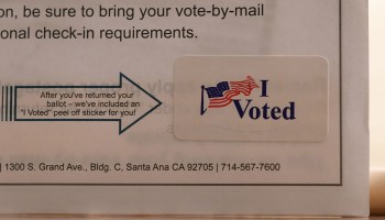 An "I Voted" sticker included in a mail-in ballot package is seen at a Ballot Party at a private residence in Laguna Niguel, in Orange County California, October 24, 2018.