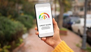 A smartphone displays a credit score chart.
