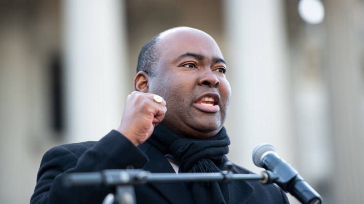 U.S. senate candidate Jaime Harrison speaks to the crowd during the King Day celebration at the Dome March and rally on January 20, 2020 in Columbia, South Carolina.