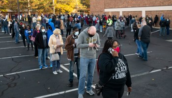 Early voters line up outside of the Franklin County Board of Elections Office on October 6, 2020 in Columbus, Ohio.