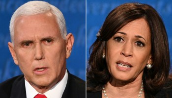 This combination of pictures created on October 7, 2020 shows Vice President Mike Pence and Democratic vice presidential nominee and Sen. Kamala Harris of California during the vice presidential debate in Kingsbury Hall at the University of Utah on October 7, 2020 in Salt Lake City, Utah.