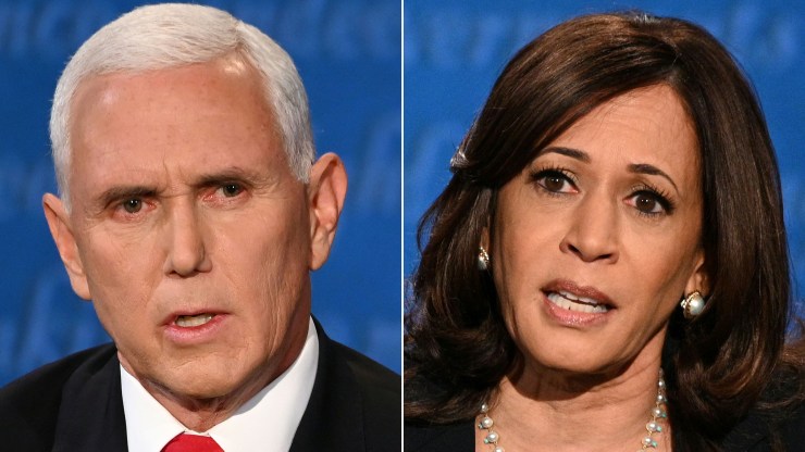 This combination of pictures created on October 7, 2020 shows Vice President Mike Pence and Democratic vice presidential nominee and Sen. Kamala Harris of California during the vice presidential debate in Kingsbury Hall at the University of Utah on October 7, 2020 in Salt Lake City, Utah.