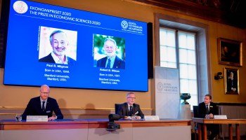 (Left to right) Peter Fredriksson, chairman of the Committee for Economic Sciences, Goran K. Hansson, permanent secretary for the Royal Swedish Academy of Sciences and Tommy Andersson, member in The Prize Committee for the Alfred Nobel Memorial Prize in Economic Sciences, announce the winners of the "2020 Nobel Prize Sveriges Riksbank Prize in Economic Sciences in Memory of Alfred Nobel" at the Royal Swedish Academy of Sciences in Stockholm on October 12, 2020.