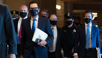 Treasury Secretary Steven Mnuchin departs from the office of Senate Majority Leader Mitch McConnell, R-Ky., at the U.S. Capitol on September 30, 2020 in Washington, D.C.