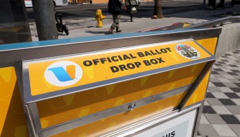 An official mail-in ballot drop box is posted outside of a subway station ahead of Election Day on October 5, 2020 in Los Angeles, California.