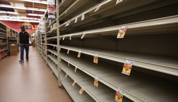 A section of empty shelves is seen at a grocery store in Los Angeles in March.