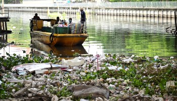 Municipal workers clearing plastic from a canal in Bangkok in June.