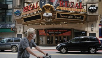 A Regal Cinemas movie theater stands closed in Manhattan last month.
