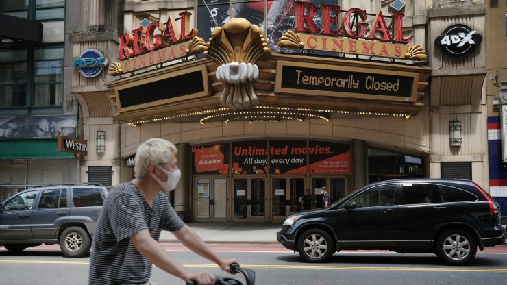 A Regal Cinemas movie theater stands closed in Manhattan last month.