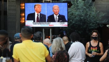 People watch the first debate between President Donald Trump and Democratic presidential nominee Joe Biden at The Abbey on Sept. 29 in West Hollywood, California.