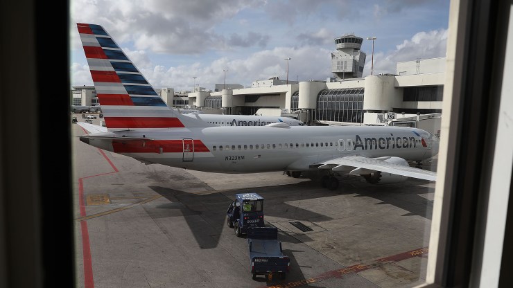 An American Airlines Boeing 737 Max 8 is seen as it pulls into its gate after arriving at the Miami International Airport from LaGuardia Airport on March 13, 2019.