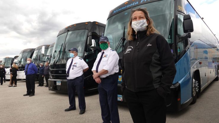 Motor coach owners and drivers rendezvous near O'Hare Airport on May 11, 2020 in Rosemont, Illinois.