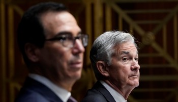 Treasury Secretary Steven Mnuchin and Federal Reserve Board Chair Jerome Powell testify during a Senate Banking Committee hearing on Capitol Hill on September 24, 2020 in Washington