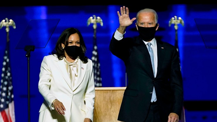 President-elect Joe Biden and Vice President-elect Kamala Harris take the stage at the Chase Center to address the nation November 7, 2020 in Wilmington, Delaware.
