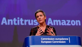 European Executive Vice President Margrethe Vestager gives a press conference on an antitrust case with the multinational technology company, Amazon website at the European Commission in Brussels on November 10, 2020.