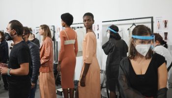 Models are seen backstage at the Drome fashion show during the Milan Women's Fashion Week on September 26, 2020.