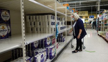 Near empty shelves of toilet paper stock at a supermarket on September 30, 2020 in Llandudno, United Kingdom.