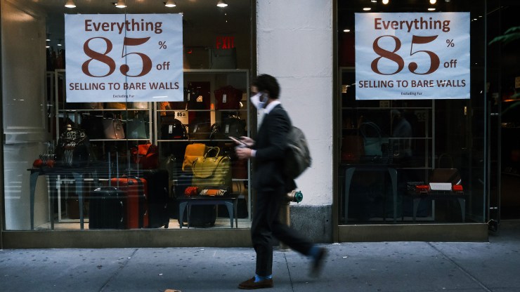Signs advertise a sale in a New York City business on October 15, 2020 in New York City.